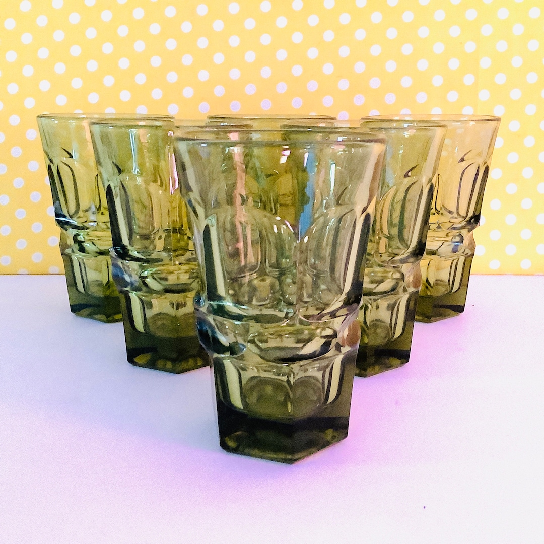 6 Green Glass Tumblers , Thumbprint Glasses, Green Glassware, Pressed