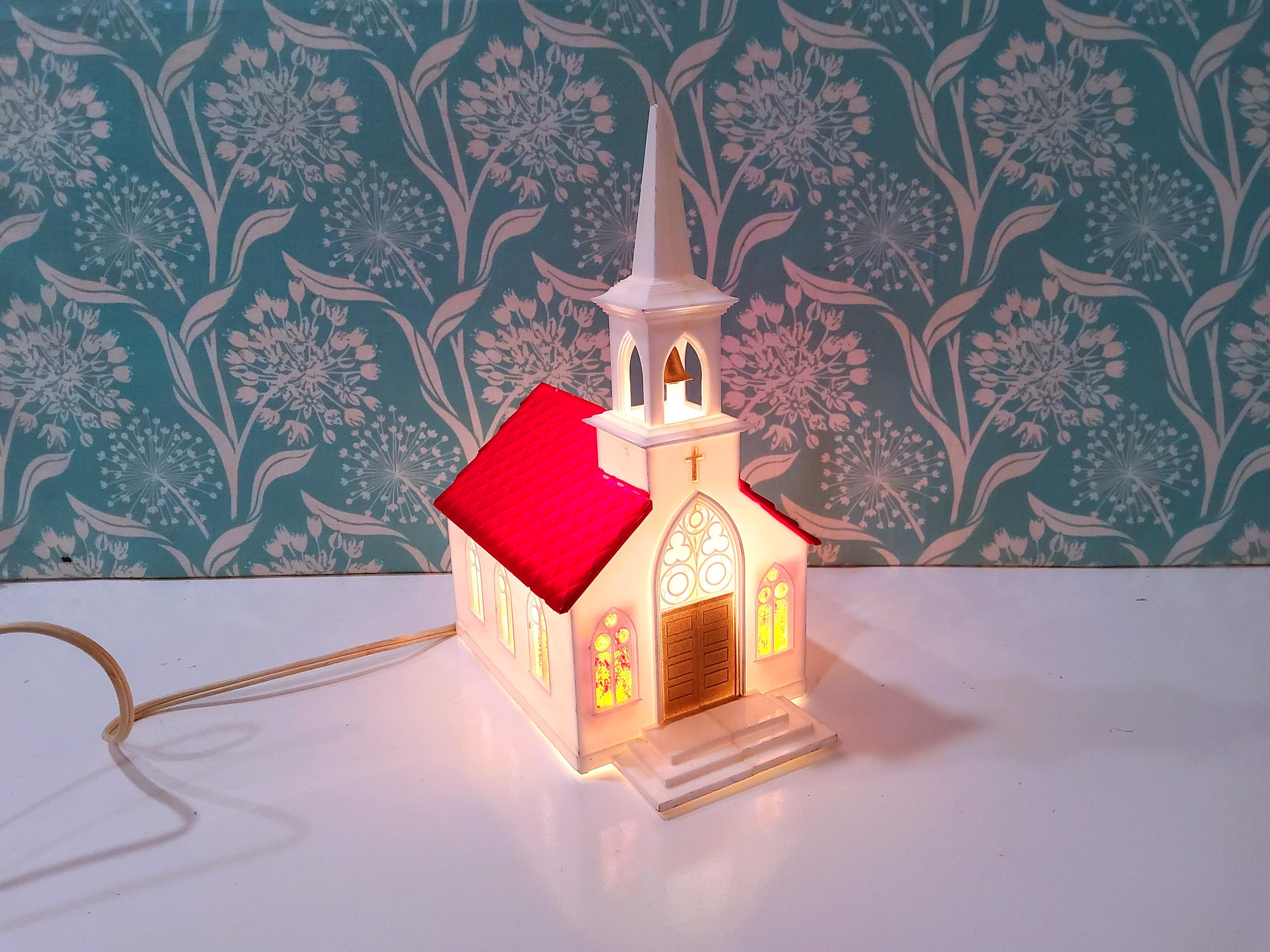 【 】Church Light　置物　チャーチライト Vintage Celluloid Church, (X5) Light up Church, Church Lamp