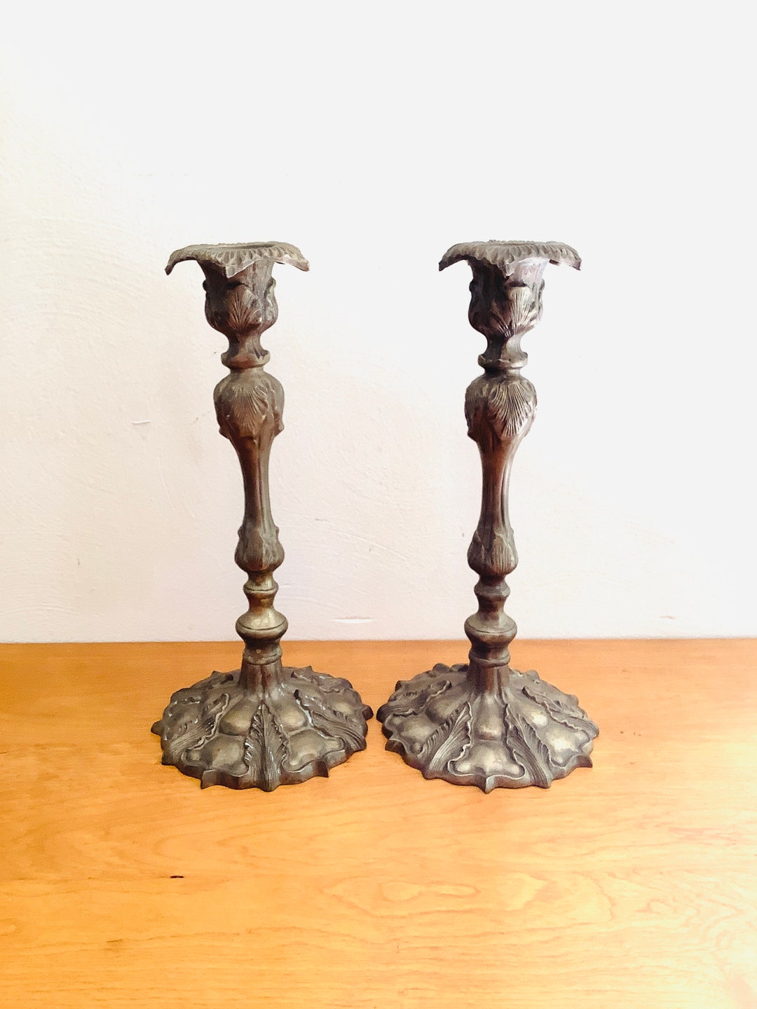 Large Pair Brass Candle Holders Art Nouveau Antique Brass Etsy