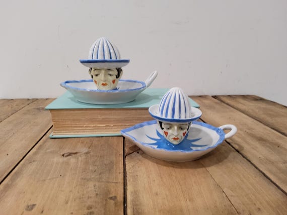 Vintage Goebel Pierrot Citrus Reamer, porcelain, ceramic, blue and white, sad clown, juicer