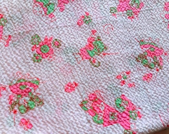 Vintage Seersucker Fabric, 1970s Nursery Rhyme Print, Pink & Green, 2 Yards
