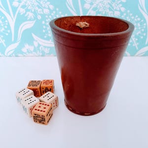 Vintage Leather dice cup and bakelite dice, genuine leather, brown leather, white dice, poker dice