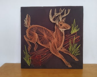 Vintage string art,deer string art, deer wall art, wall hanging, leaping buck, black velvet, retro wall decor, kitsch, deer collectible