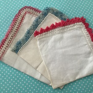 Lot of 3 vintage Hankies, vintage handkerchiefs, pink hankies, blue hankies, retro hankies, crocheted, tatted hankies