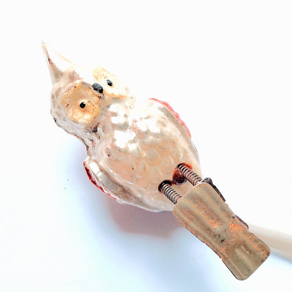 RESERVED Antique blown glass owl ornament, clip on ornament, germany, hand painted, mercury glass, glass owl, feathers, west germany