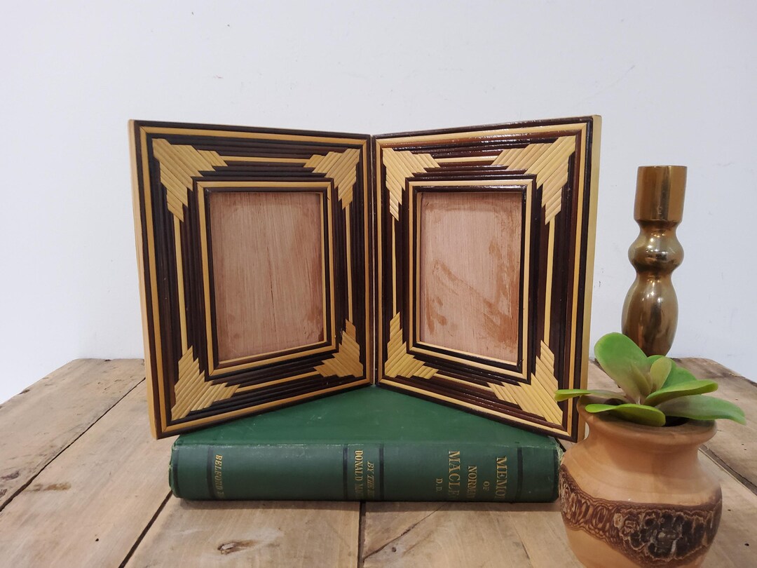 Timber Inlay Photo Frame Artisan Two-tone Wood Inlay Double Photo Frame, Solid Wood Matchstick ...