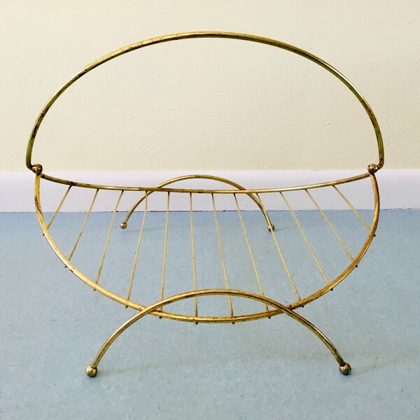 Mid century modern magazine rack, brass magazine rack, atomic magazine holder, gold magazine holder, metal, 1950's