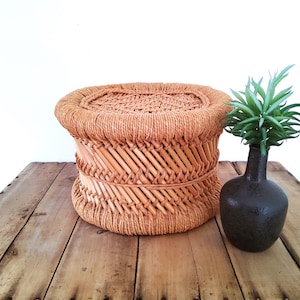 Vintage Bamboo Stool, Mudda, handmade, Rattan Plant Stand, Jute Accents