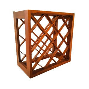 May include: A wooden wine rack with a diamond-shaped grid pattern. The rack is made of dark brown wood and has a rectangular shape.