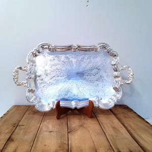 Ornate Silver Plated Serving Tray, footed tray, silver tray, ornate, engraved tray, heavy, victorian, 23 inch,antique serving tray
