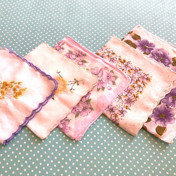 Lot of 5 vintage Hankies, vintage handkerchiefs, purple hankies, floral hankies, retro hankies,