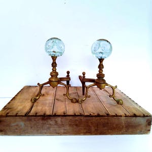 Vintage St. Clair Art Glass Paperweight Style Fireplace Andirons, firedogs, solid brass, murano