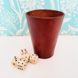 Vintage Leather dice cup and bakelite dice, genuine leather, brown leather, white dice,