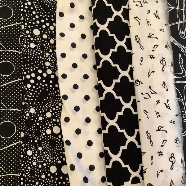 3 yards black and white fabric, black fabric lot, scrap fabrics, mixed lot fabrics, polka dots, all cotton, quilting fabric,
