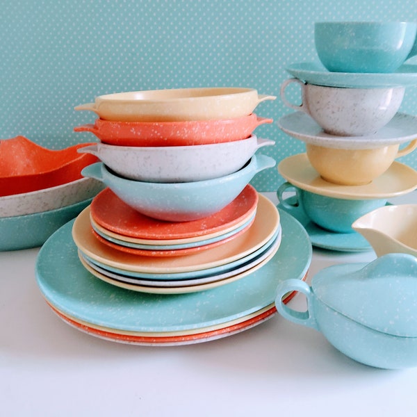 30 piece Speckled melmac dishes, Set Confetti Melmac, melamine, Pastel melmac dishes, plates bowls cups saucers, turquoise dishes, aztec