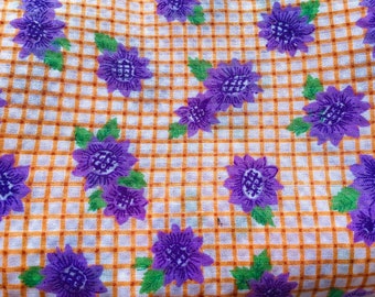 1960s Floral Fabric, Semi Sheer Orange Purple Material, 2 Yards