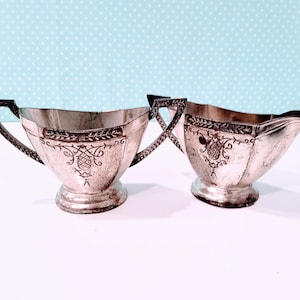 Silver cream and sugar, art deco, made in Japan, occupied japan, silverplate, small cream and sugar, silver creamer
