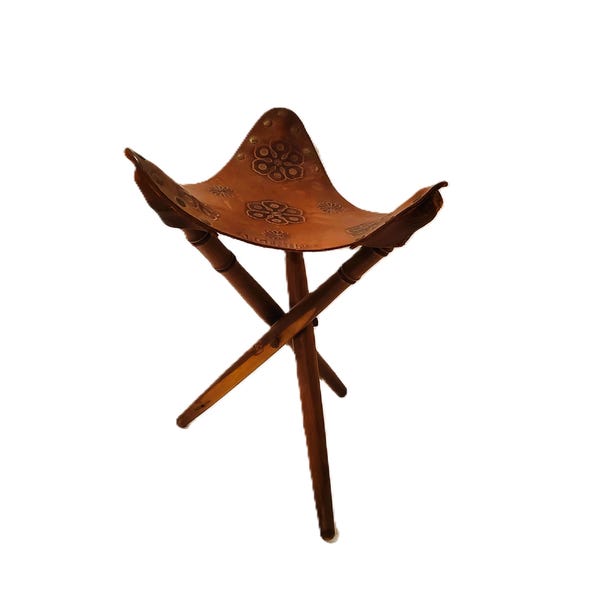 Vintage leather tripod stool, hand tooled leather, Argentina, solid wood, collapsible, 1940's,