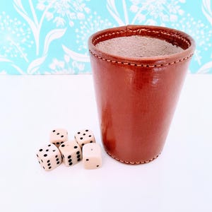 Vintage Leather dice cup and bakelite dice, genuine leather, brown leather, white dice,