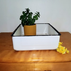 Vintage enamel container, enamel drawer, white enamel, square, rectangle, white and black, planter, farmhouse,