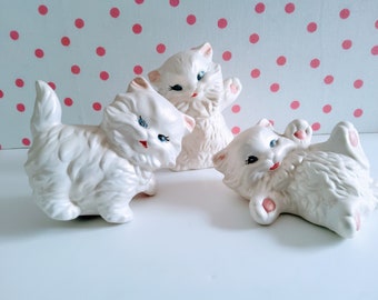 Vintage White cat figurines, ceramic cats, blue eyed cats, made in Japan, 1970's, long haired cat, gift for cat lover, hand painted