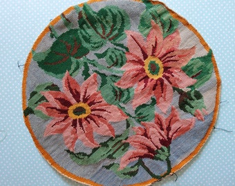 Vintage Needlepoint chair cover, round cover, chair pad, needlepoint pillow, floral, pink embroidery, lily pads, lilypad,