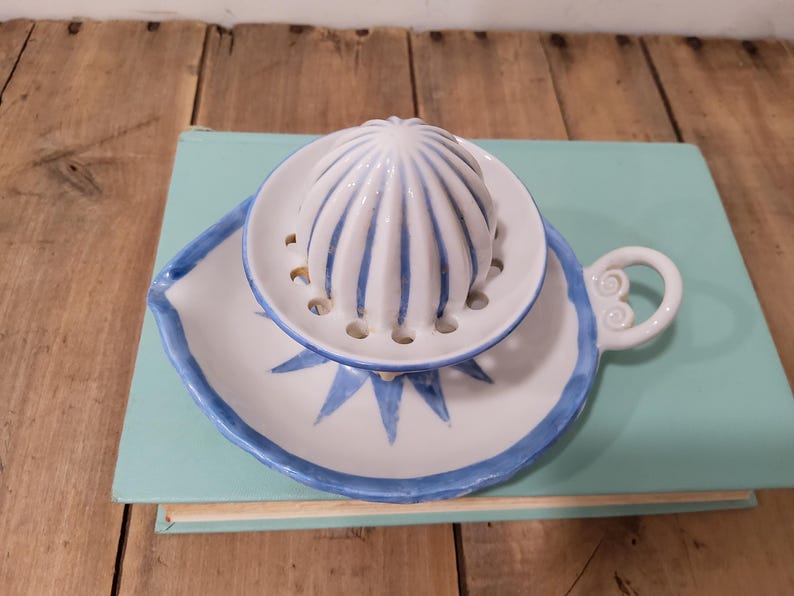 Vintage Goebel Pierrot Citrus Reamer, porcelain, ceramic, blue and white, sad clown, juicer image 5