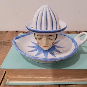 Vintage Goebel Pierrot Citrus Reamer, porcelain, ceramic, blue and white, sad clown, juicer larger (6.5" x 4")