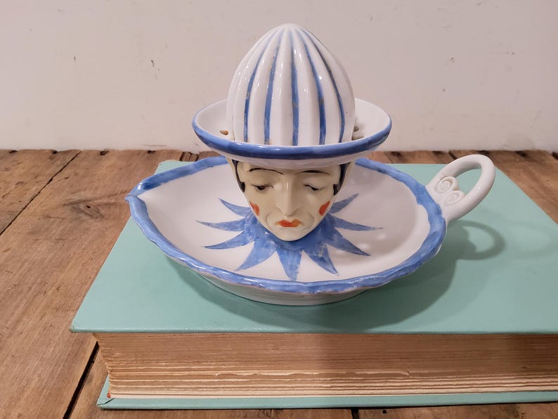Vintage Goebel Pierrot Citrus Reamer, porcelain, ceramic, blue and white, sad clown, juicer larger (6.5" x 4")