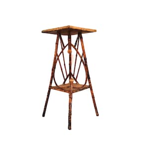 May include: A tall, dark brown bamboo plant stand featuring a square top surface and a smaller square lower shelf. The structure is supported by four angled legs connected by curved bamboo supports and two small, round wooden decorative accents.