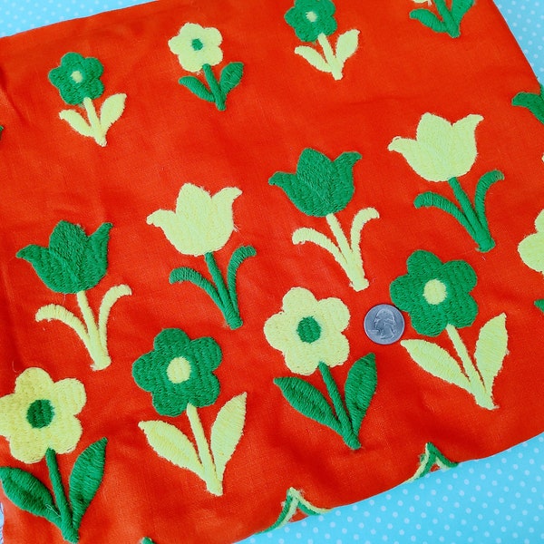 1.5 yards flower power fabric, embroidered fabric, upholstery fabric, orange fabric, tulip, retro fabric, groovy, 1970's fabric, scandi