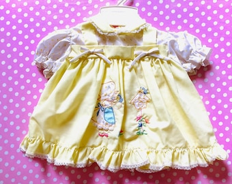 NEW Vintage yellow dress, 12 month dress, one year dress, frilly dress, embroidered dress, Holly Hobbie, 1980's, NOS, new old stock