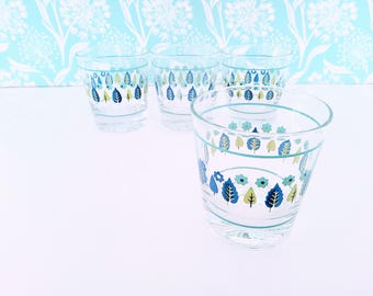 4 Stetson Marcrest Swiss Alpine drinking glasses, mid century dishware, Swiss Chalet, blue and green, aqua, water, juice glasses