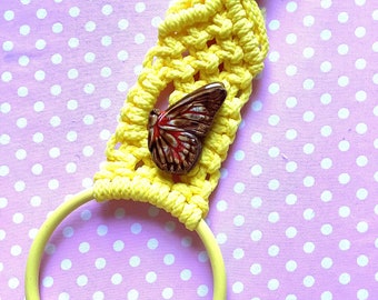 Butterfly macrame wall hanging, butterly collectible, 1970s macrame, retro kitchen, butterfly collectible, retro butterfly, yellow macrame