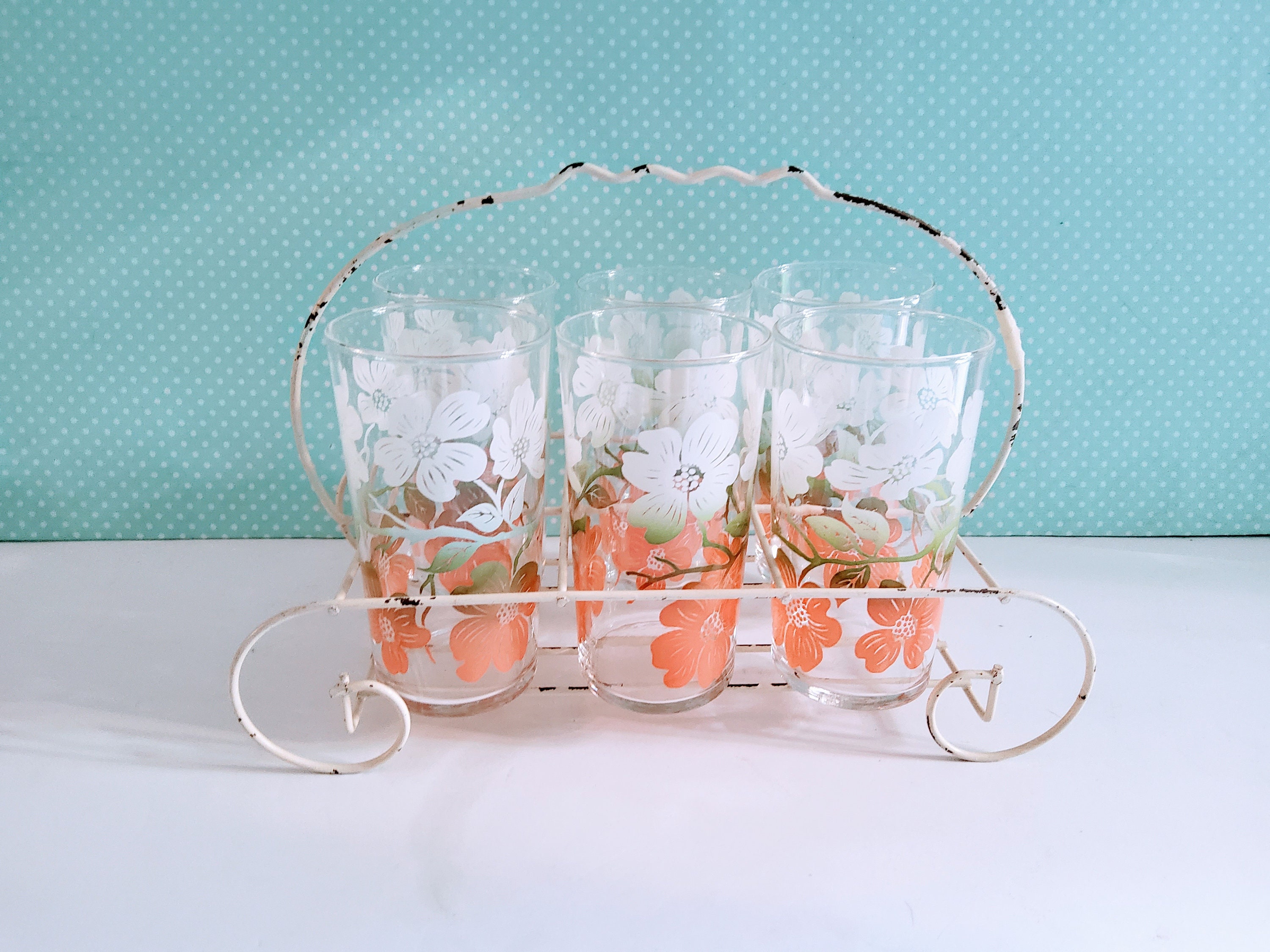 6 like NEW swanky swig glasses, Jelly jar glasses, juice glasses, federal glass, floral glasses, flower glasses, set of six, peach white