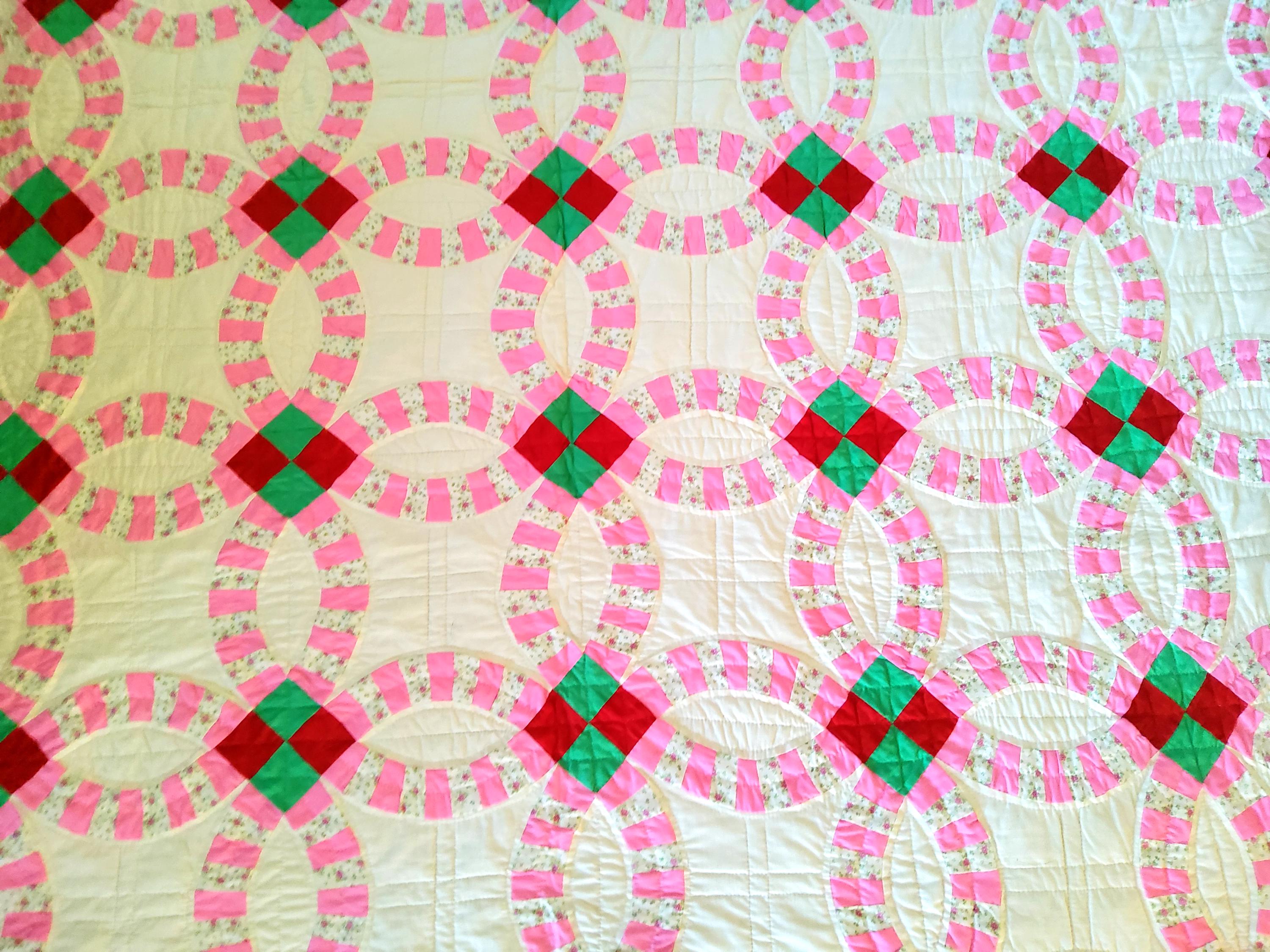 RESERVED Vintage Double Wedding Ring Quilt, Pink & White Cotton
