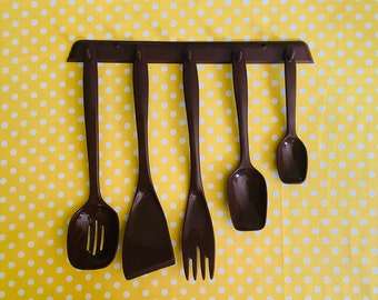 Vintage kitchen utensils, nylon utensils, MCM utensils, retro kitchen, 1970's kitchen, utensils with rack, plastic utensils, Eagle, brown