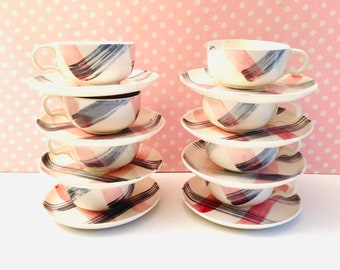 4 cups and saucers, Stetson Scots Clan, PINK and gray, Pink Grey Dinnerware, cream and sugar, Scottish Clan, striped dishes, plaid dishes,