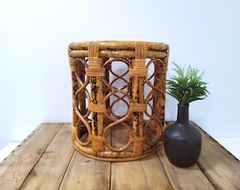 Vintage bamboo plant stand, tortoiseshell, low stool, mcm, woven, rattan, side table, display