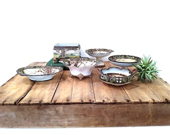 CHOICE antique Nippon Noritake Dark Woodland hand-painted dishes, morimura brothers, teacups, bowls, Moriage,