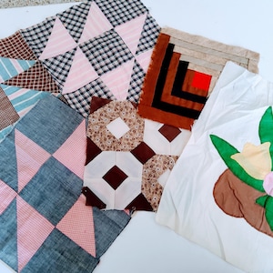 6 quilt squares, pieced fabric, quilting squares, retro  fabric, lot of feedsack fabric, fabric lot, quilting blocks, shirt fabric