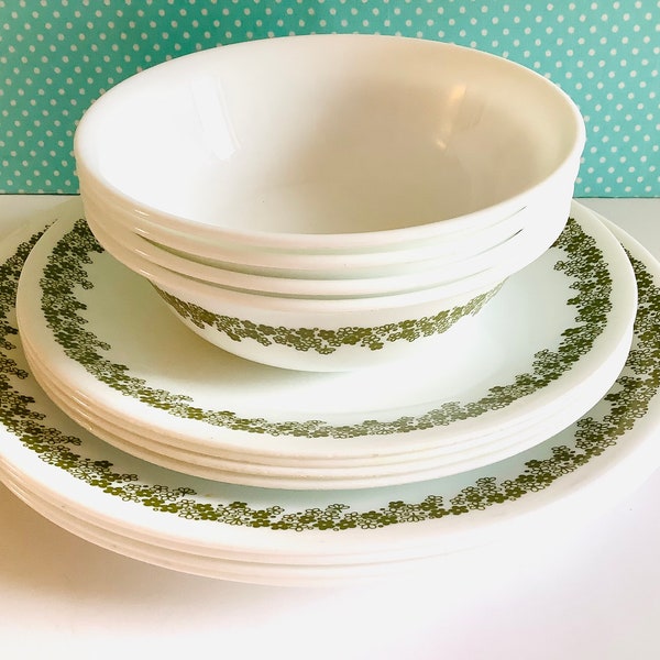 Corelle Crazy Daisy service for 4 (12 pieces total), spring blossom dishes, corelle plates, corelle bowls, corelle dinnerware, green flowers