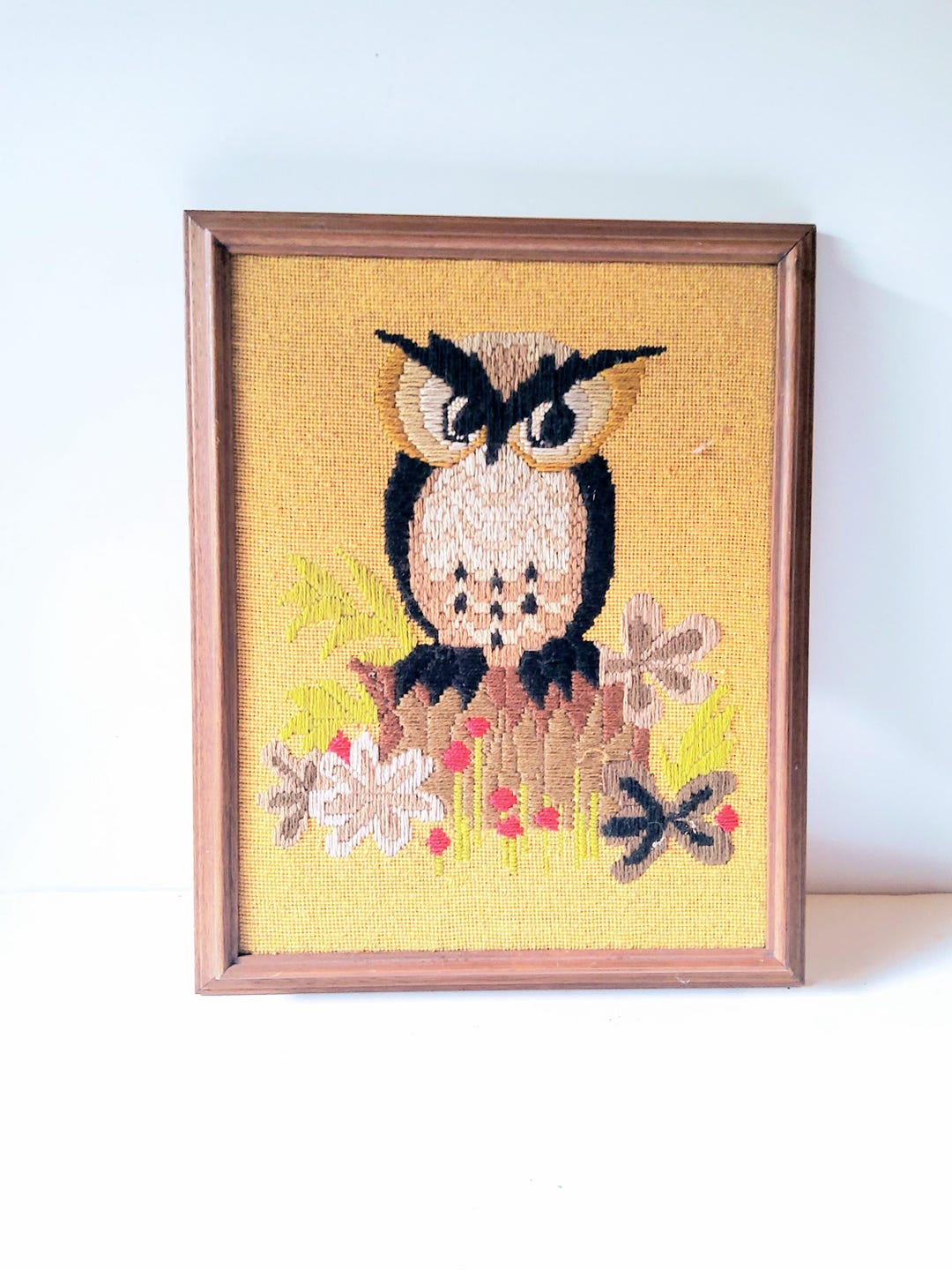 Broderie Crewel Vintage Terminée - Motif Hiboux (owls) Sage Dans Un Arbre Fleuri