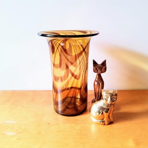 Vintage Hand Blown vase, Amber glass, Brown Swirl, Art Glass,  tall vase, cylinder, cylindrical, made in mexico