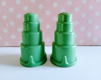 1932 Art Deco Early Plastic Salt & Pepper Shakers - CF Degner &quot;Equity&quot; Jadeite Green Bakelite, Torpedo, Bullet, Skyscraper Form