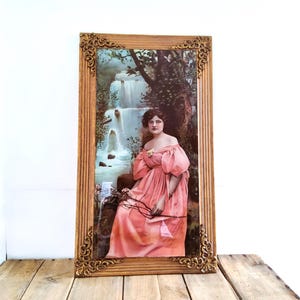 May include: A framed vintage print featuring a woman in a pink dress seated near a waterfall. The print is set in a rectangular, ornate gold-toned frame. The woman holds flowers, and the background depicts a lush landscape.