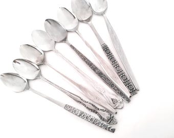 Mixed lot 8 vintage iced tea spoons, long spoons, remixed, stainless steel, made in Japan, mid century flatware, MCM, lot of spoons