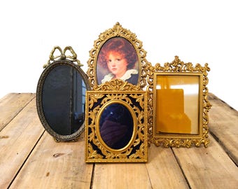 Italian Gilt Ornate Photo Frame, Brass Filigree Victorian Art Deco Style