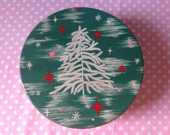 Christmas cookie tin, retro Christmas tins, Olive can Chicago, green tin, large cookie tin, large tin, christmas tree, starbursts