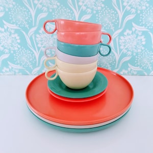 11 piece Aztec Melmac dinnerware,  melamine, Melmac, retro melamine dishes, melmac plates cups and saucers, aqua melmac